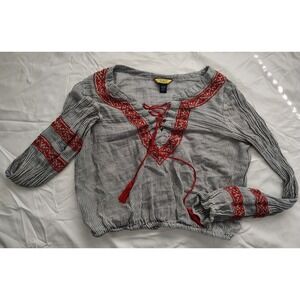 Prince & Fox Womens XS Striped Embroidered Lace Up Boho Peasant Blouse Blue Red